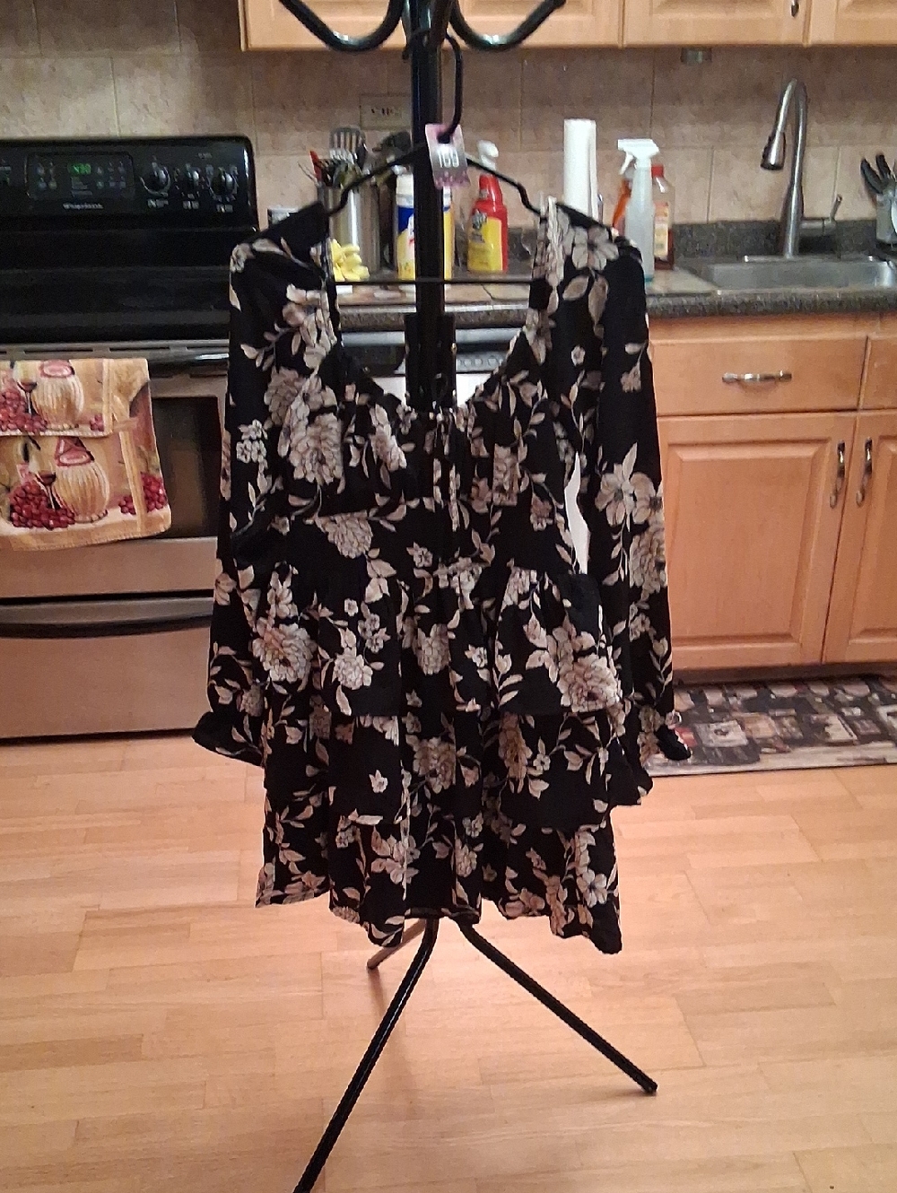 Inspired Hearts Black Floral Tiered Mini Dress with Cream Blooms